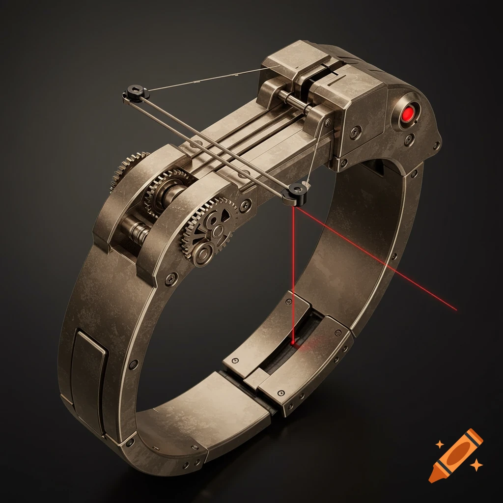 A detailed metallic steampunk-style wrist-mounted crossbow device with visible gears and a red laser beam.
