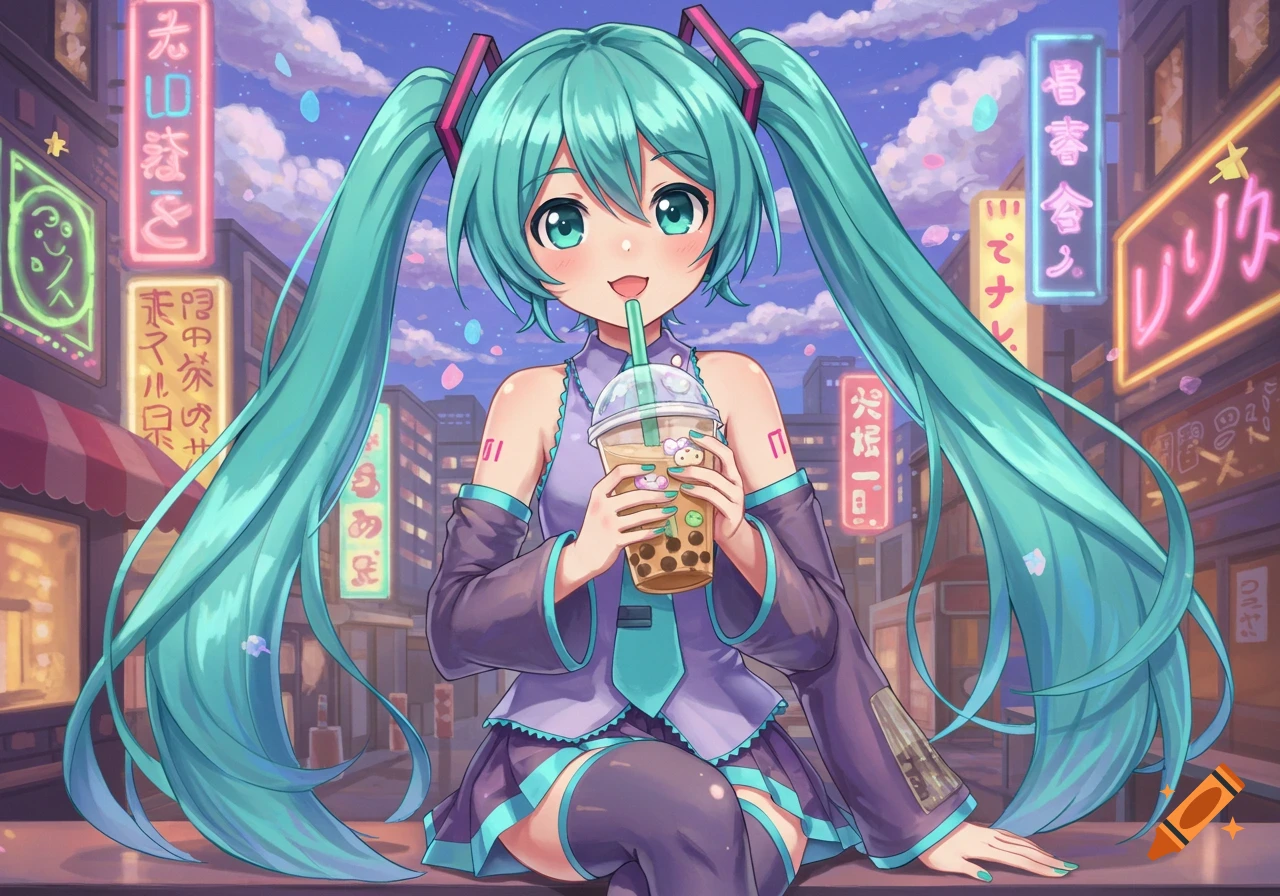 A kawaii anime girl with long turquoise pigtails, wearing a purple and green outfit, smiling and drinking boba tea on a city street with neon signs at dusk.