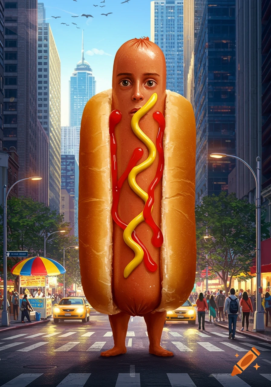 A photorealistic human-faced hot dog with feet and condiments stands in a busy city street.