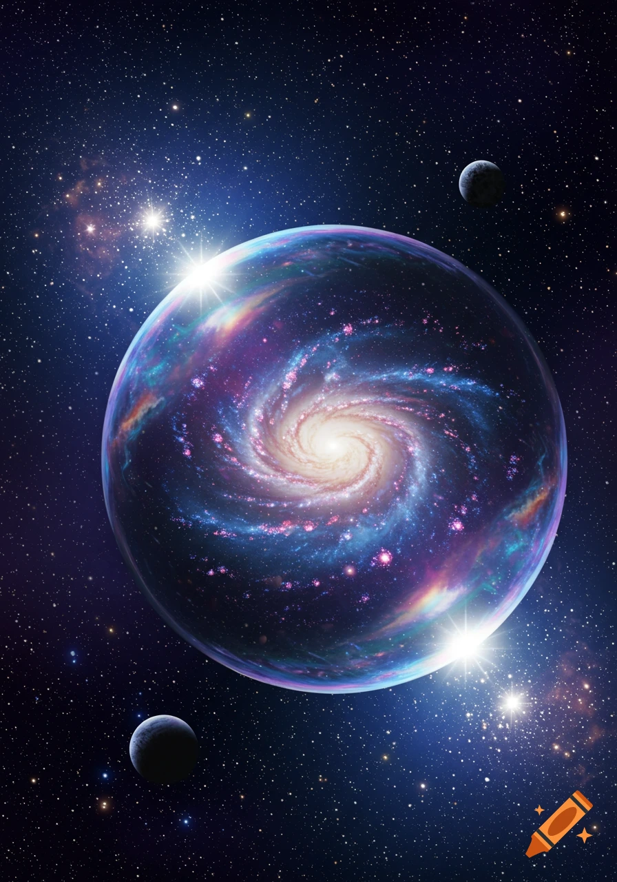 A luminous, transparent bubble in deep space containing a vibrant spiral galaxy, with two small planets in the starry background.