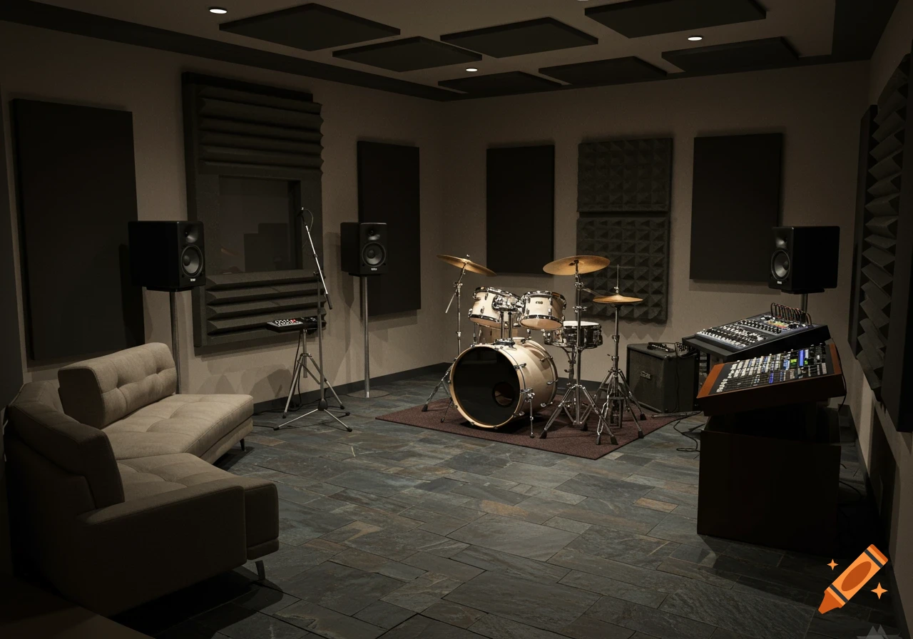 A dimly lit, photorealistic music studio with a drum kit, mixing console, speakers, a couch, and soundproofed walls and slate floors.