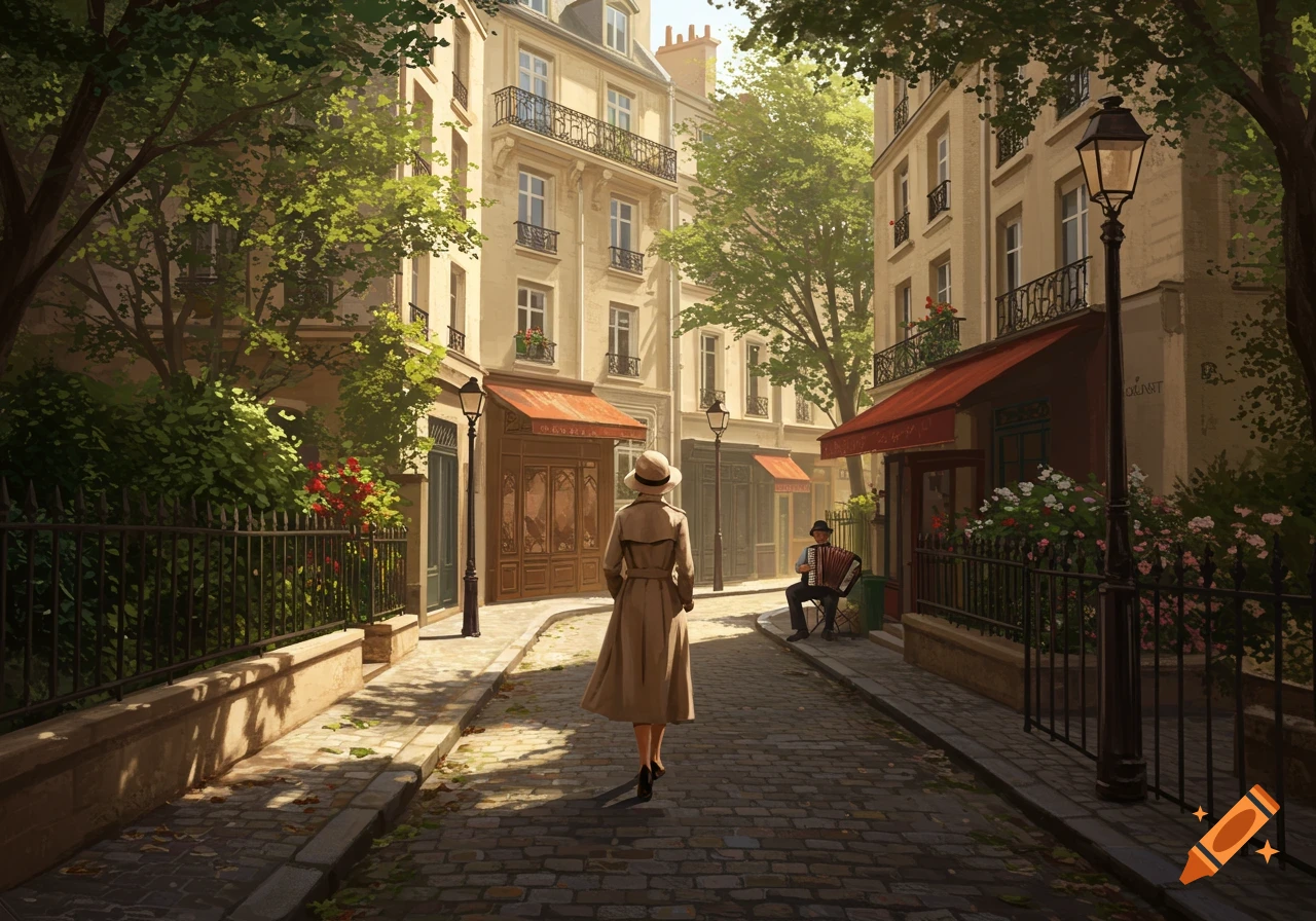 An illustrative view of a woman in a trench coat and hat walking on a cobblestone street in a Parisian neighborhood with a man playing an accordion.