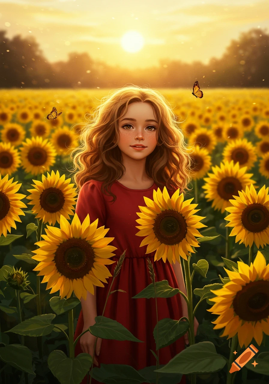 A digital art illustration of a young girl with wavy hair and freckles in a red dress, standing among sunflowers at sunset with butterflies.