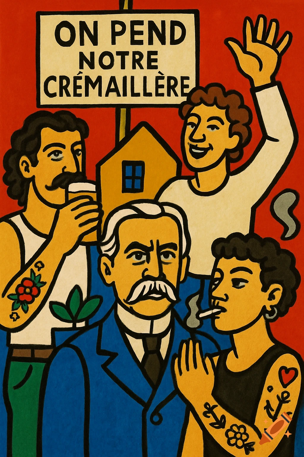 A stylized poster with four diverse people and a small house under a sign reading "ON PEND NOTRE CRÉMAILLÈRE" on a red background. One man drinks beer, another waves, an older man in a suit looks stern, and a woman smokes a cigarette. The art style is bold with strong outlines.