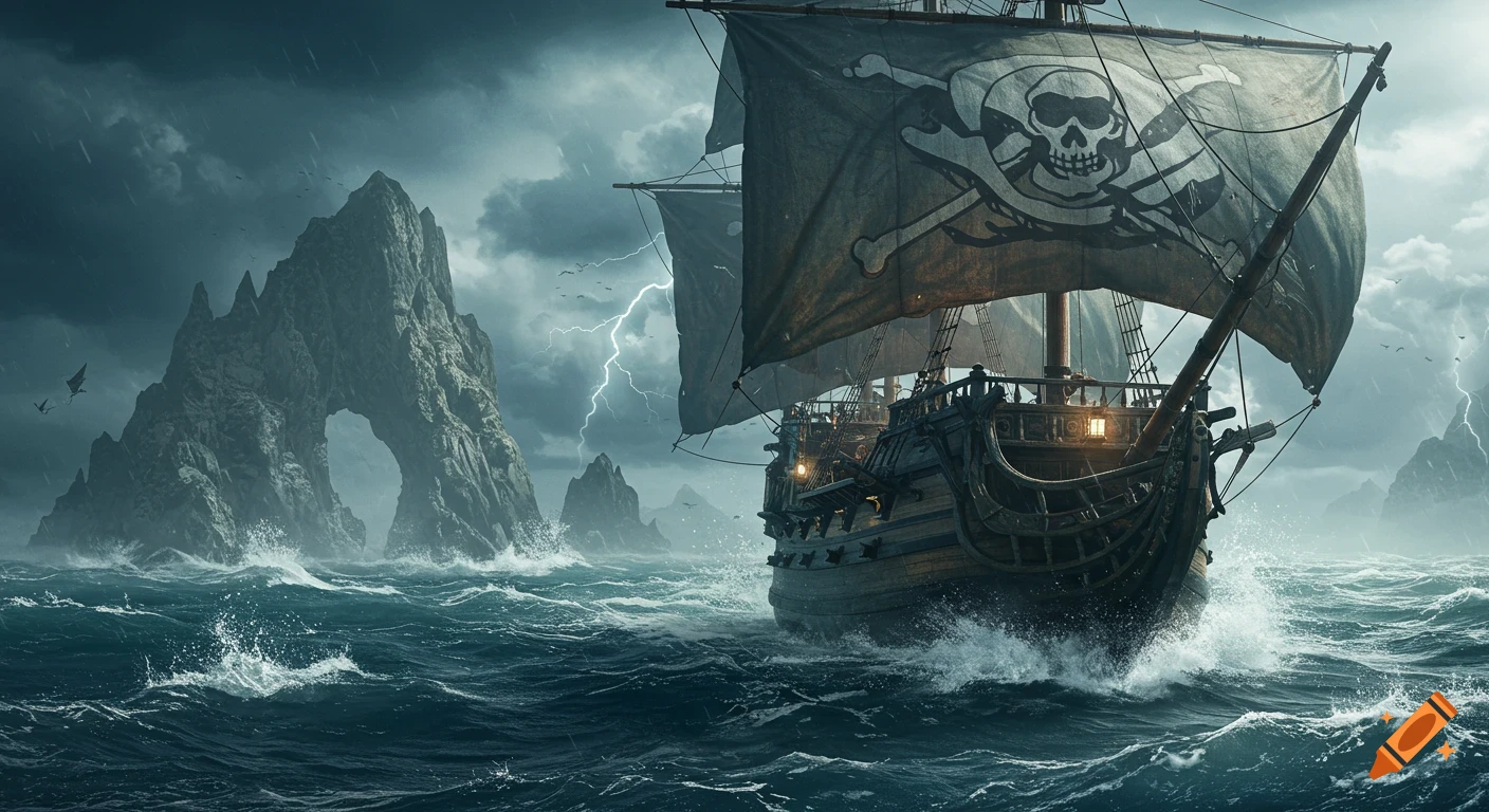 A photorealistic pirate ship with a Jolly Roger flag sails through stormy seas past rocky islands under a lightning-filled sky.