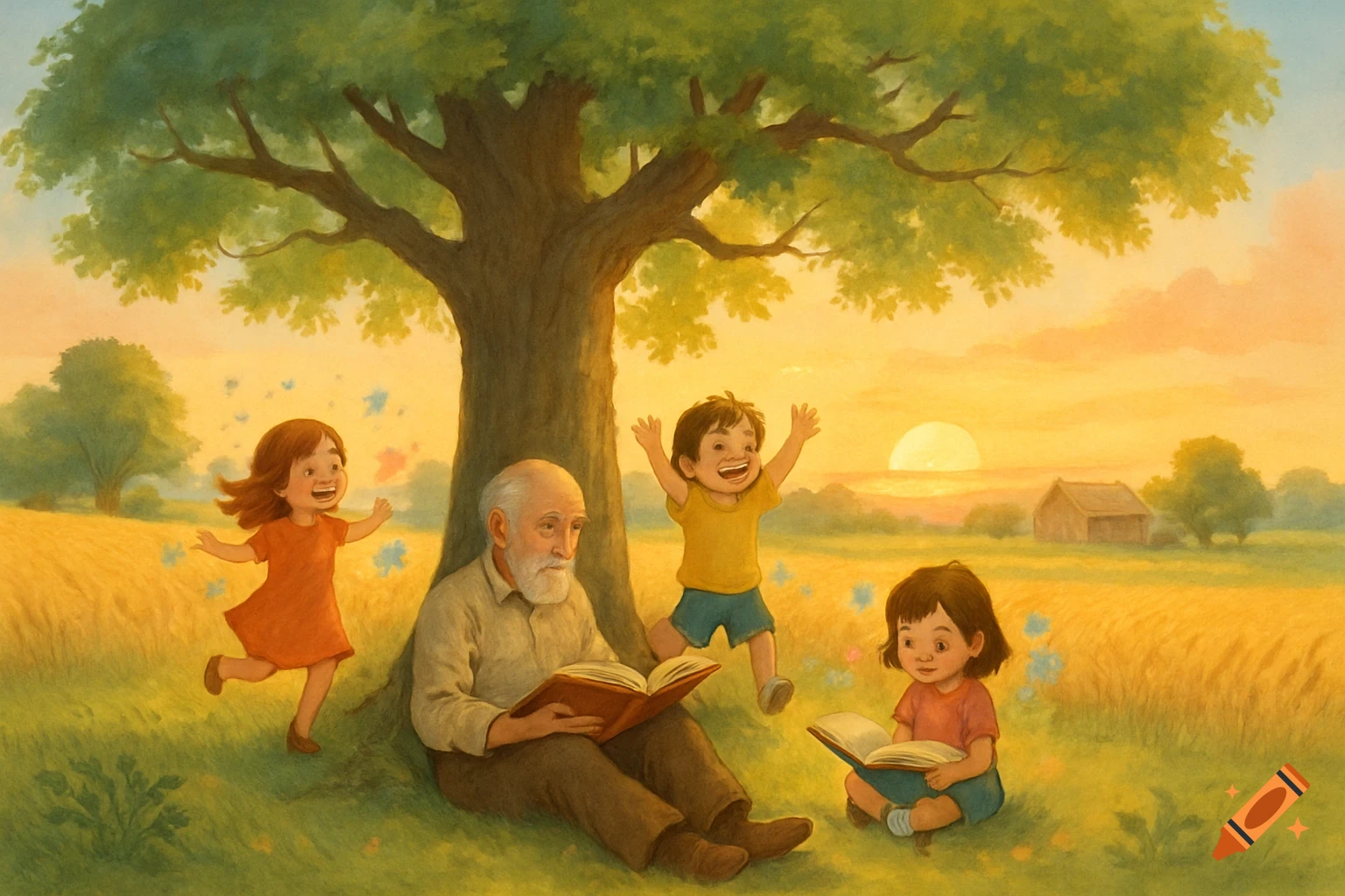 An old man reads a book under a large tree with two children, one reading and another playing, in a golden field at sunset in a painterly style.