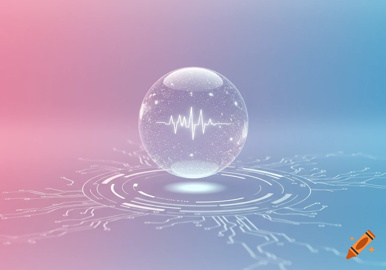 Futuristic transparent sphere with a white pulse wave floats above glowing circuit patterns on a pink and blue gradient background.