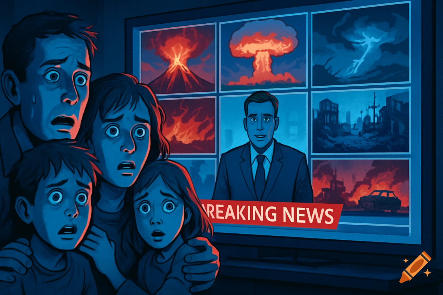 A terrified family of four watches a large TV screen displaying a grid of disaster scenes including a volcano, a nuclear explosion, and burning cities, with a news anchor and 'BREAKING NEWS' banner. Stylized illustration.