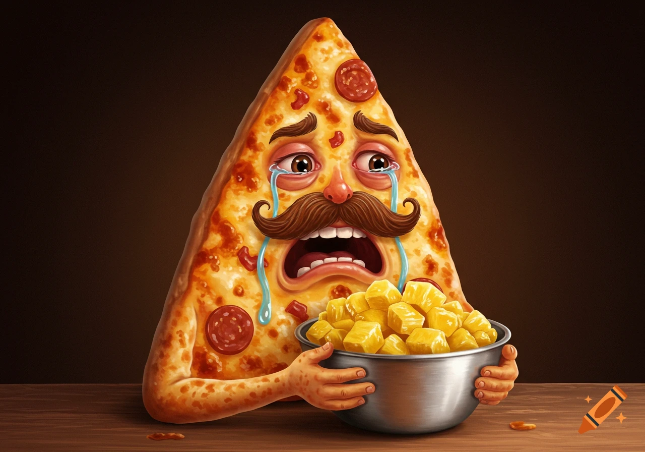An anthropomorphic, realistic pizza slice with an Italian mustache cries with its mouth open while holding a bowl of diced pineapples.