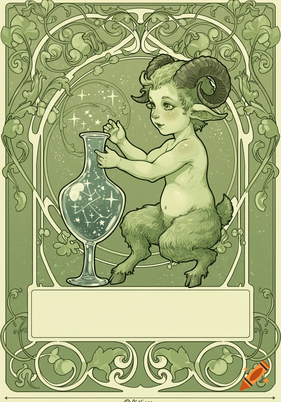 Art Nouveau illustration of a green faun child with horns, catching stars in a glass vase, framed by leaves.