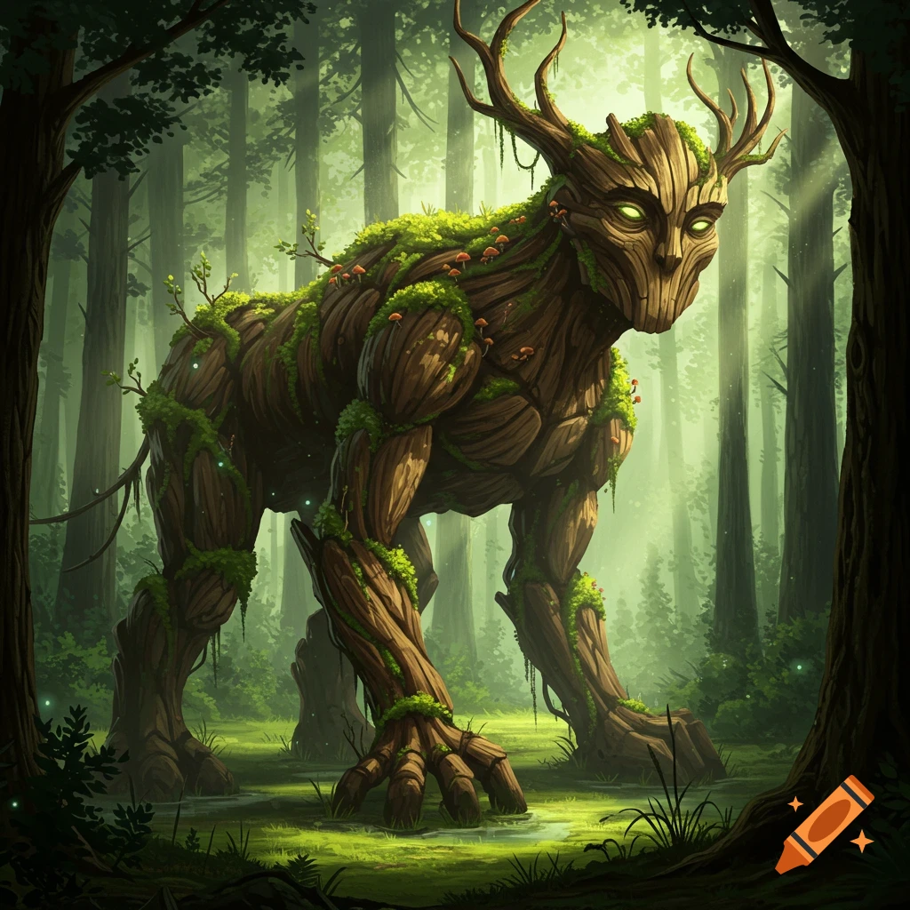 A majestic, moss-covered wood creature with glowing eyes and antlers stands in a vibrant, sun-dappled forest.