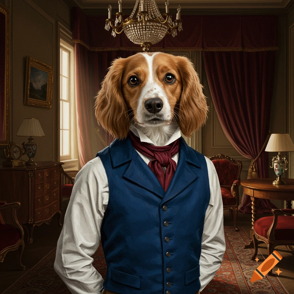 A dandy dog in a blue vest and red cravat poses in a lavish, chandelier-lit room with red curtains and antique furniture.