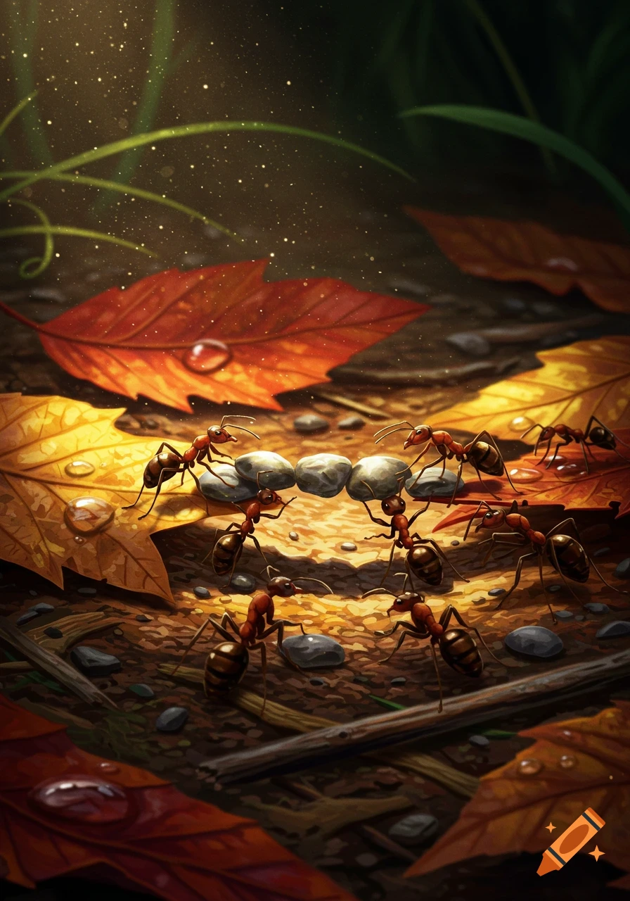 Detailed illustration of a group of ants carrying small stones on a forest floor with fallen autumn leaves and water droplets.