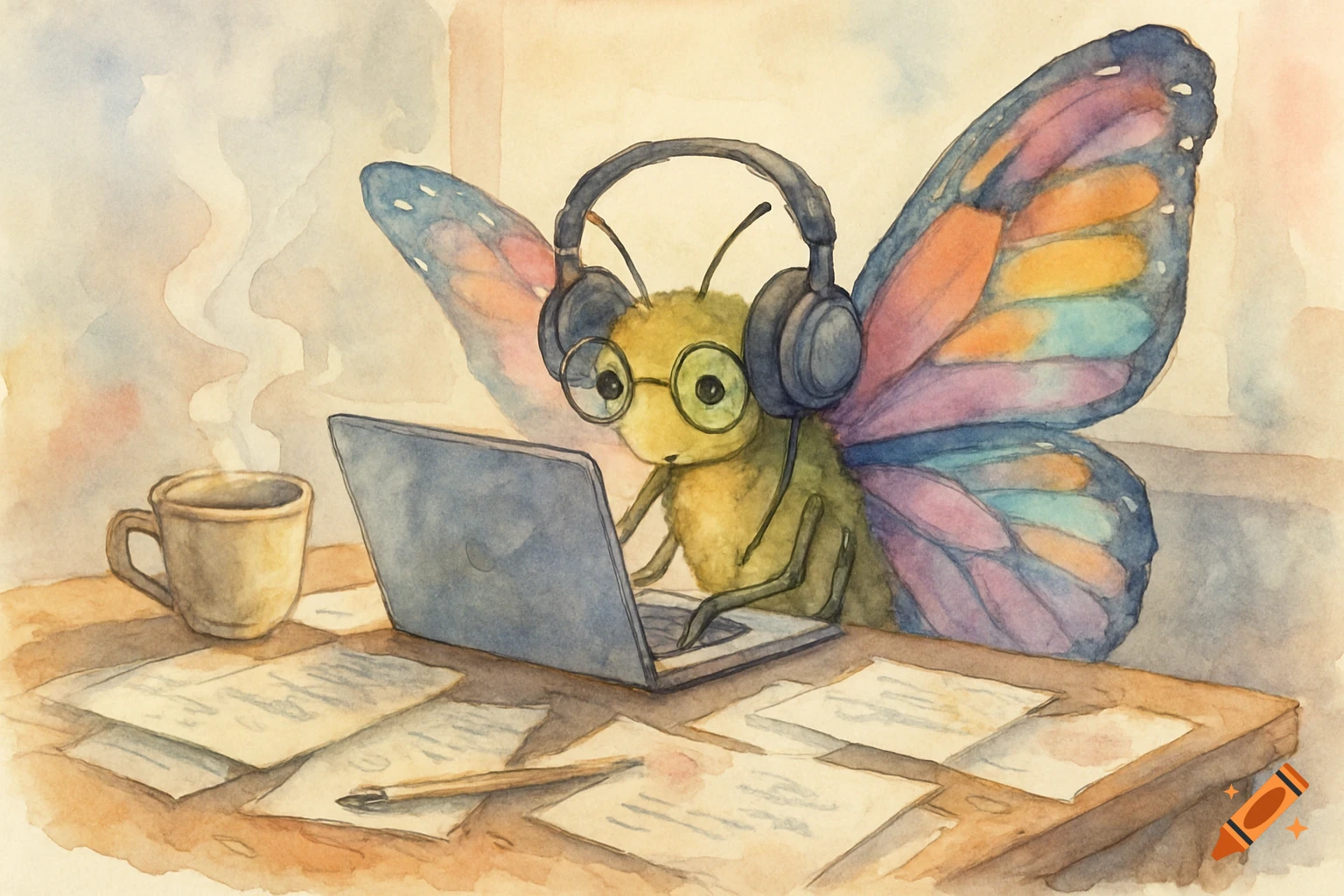 A watercolor illustration of a butterfly with glasses and headphones typing on a laptop at a desk with notes and coffee.