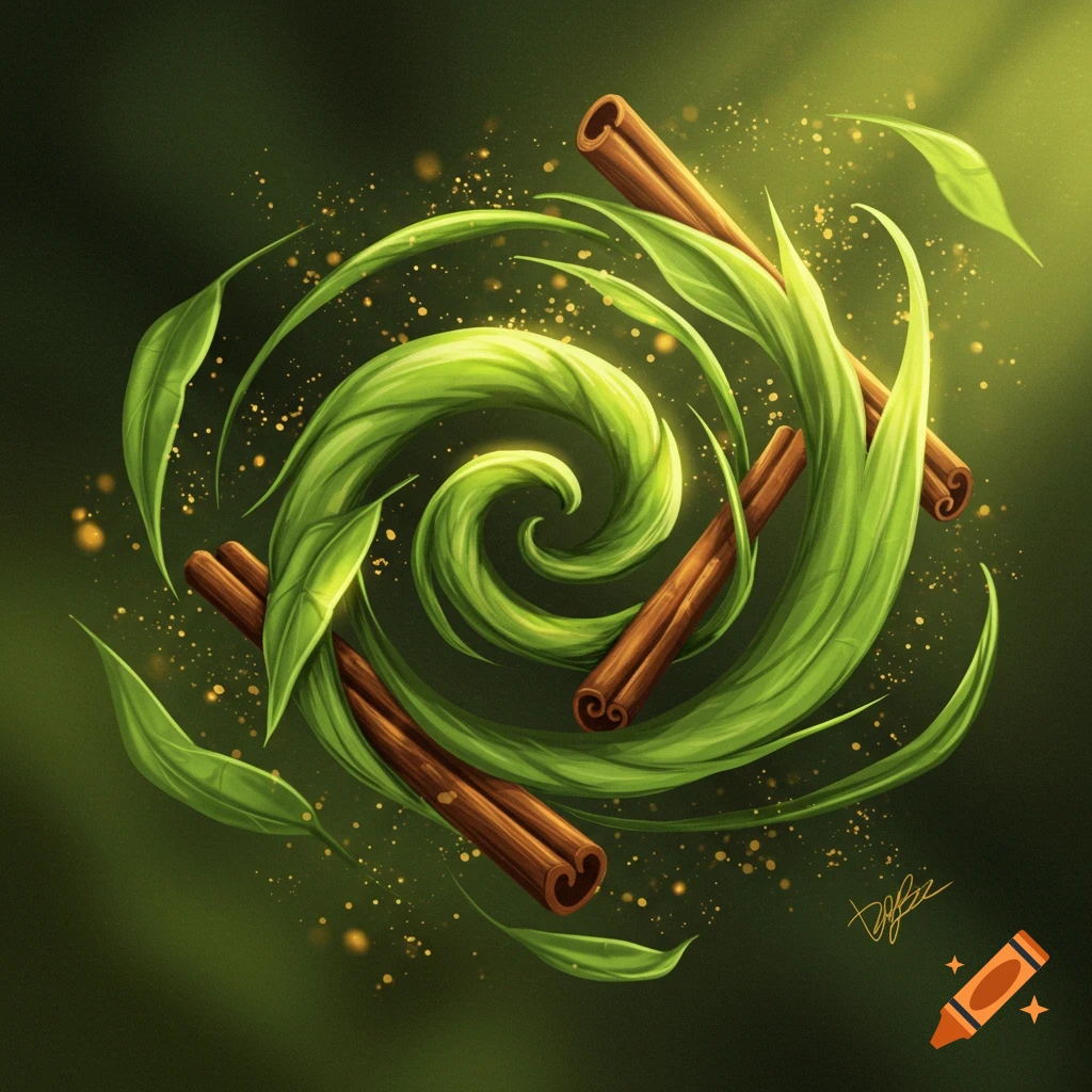 Three cinnamon sticks nestled among swirling green leaves and golden sparkles on a dark green background.