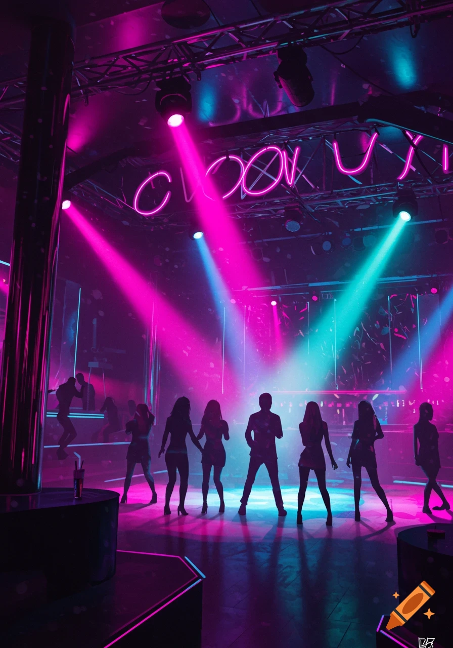 Silhouettes of people dancing in a club under vibrant pink and blue neon lights with a glowing sign above.
