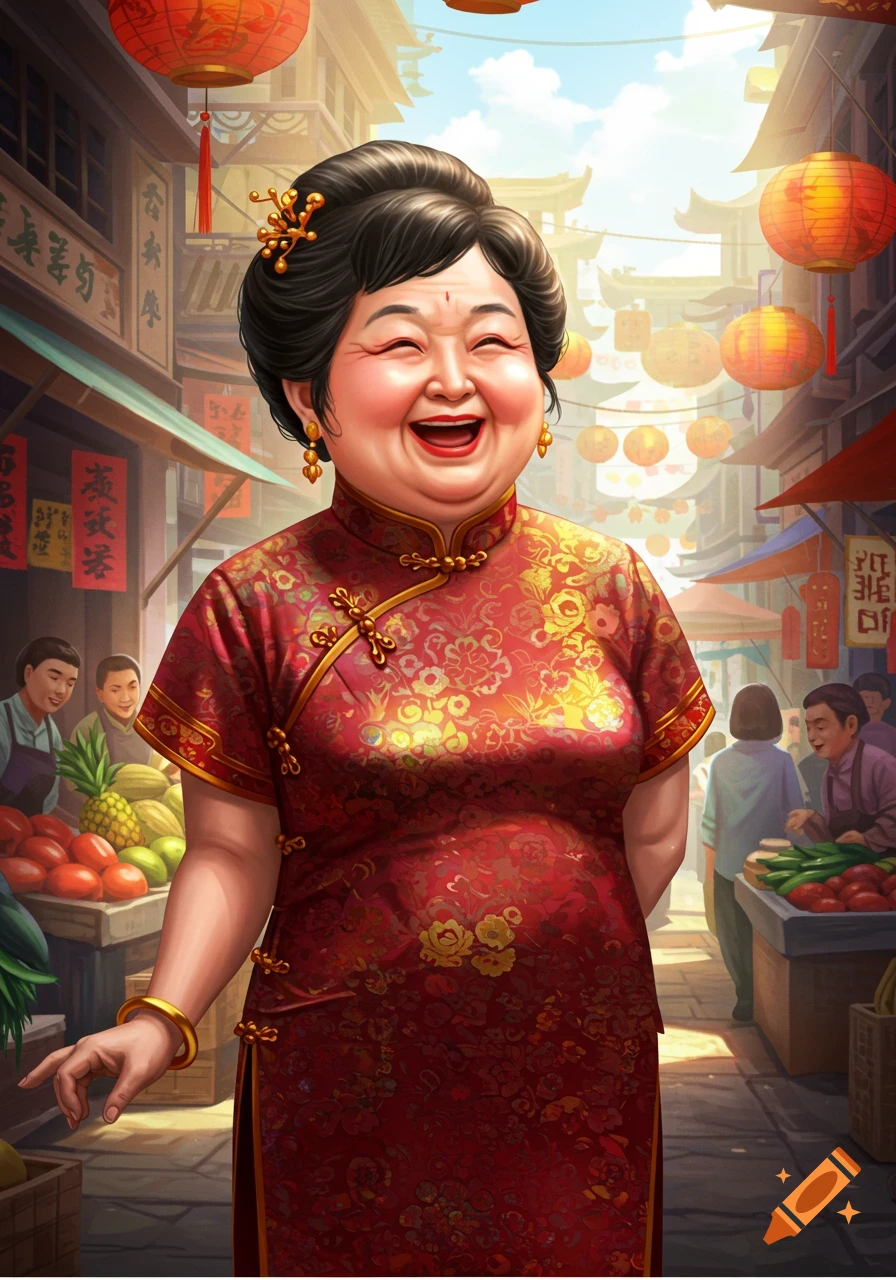 A smiling elderly Chinese woman in a red cheongsam stands in a bustling market street with lanterns and stalls.