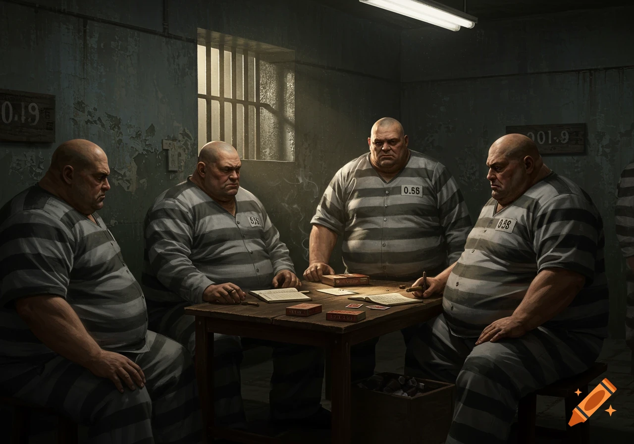 Four obese bald men in striped prison uniforms sit around a wooden table in a dimly lit cell, with cards and boxes on it, in a photorealistic style.