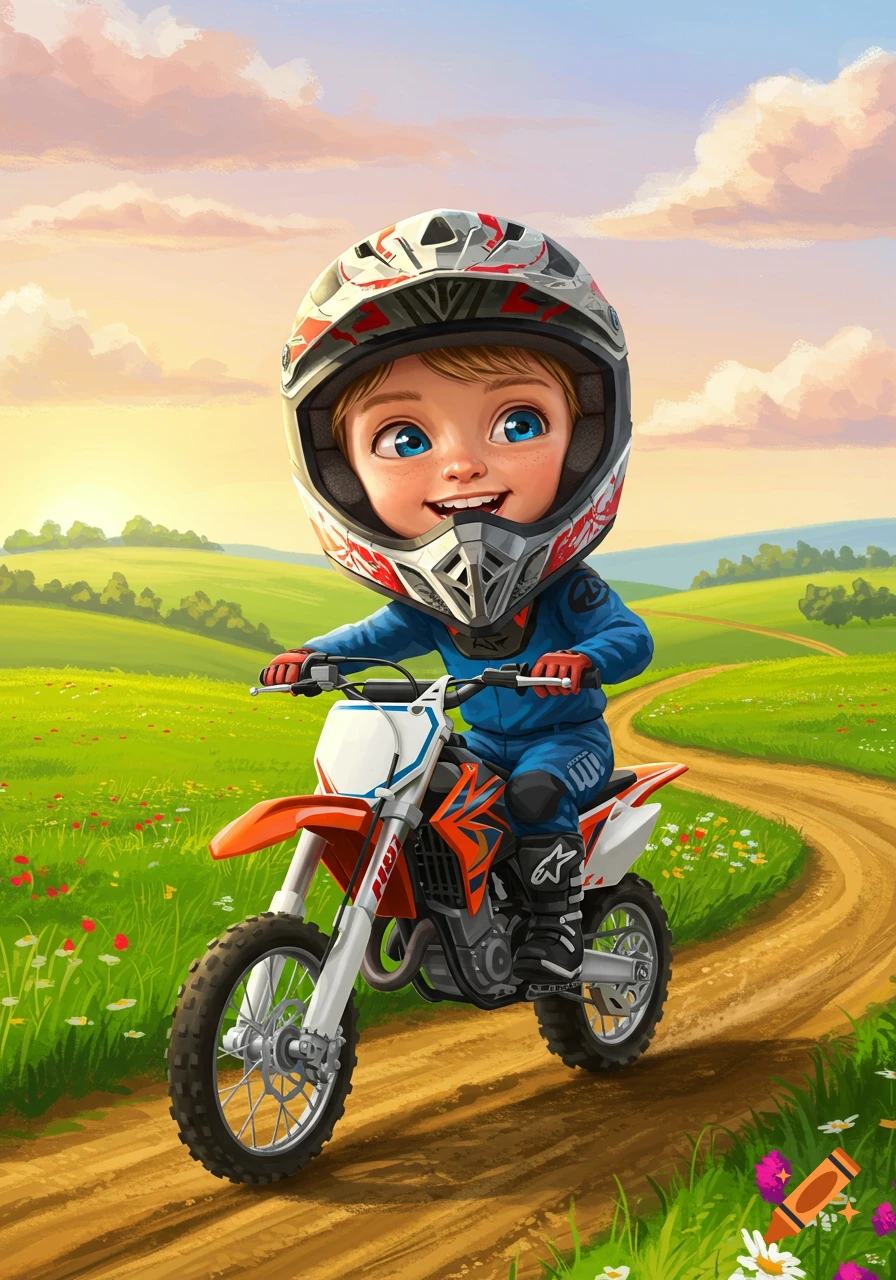 A happy, big-headed cartoon boy in a helmet and blue suit rides an orange and white motocross bike on a dirt path through a sunny green field with wildflowers.