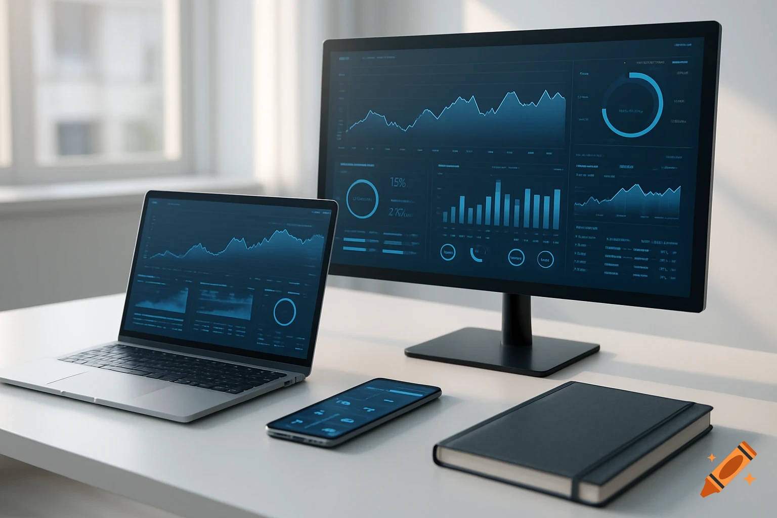 Modern office desk with a laptop, monitor displaying graphs, a smartphone, and a notebook in a professional, minimalist style.