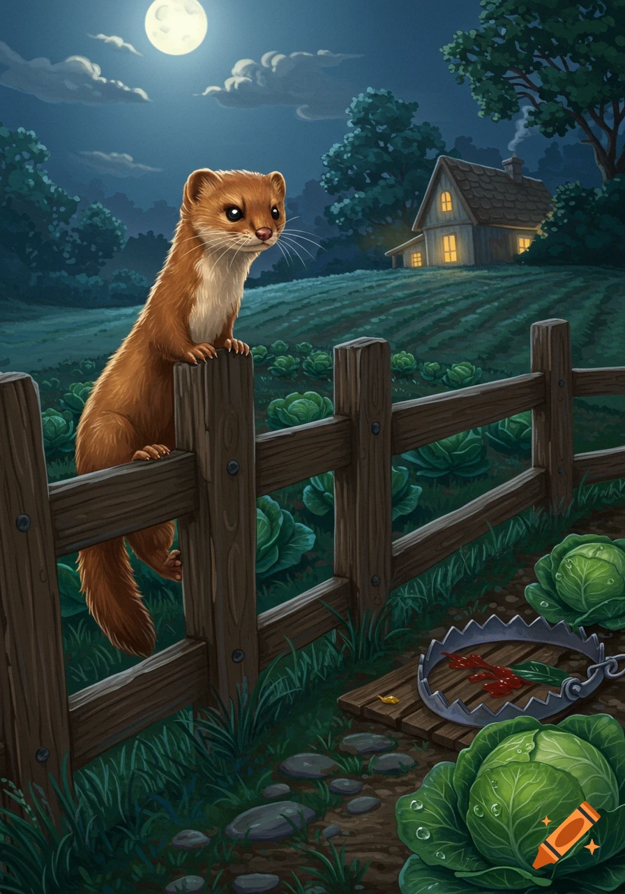 A cute animated weasel climbs a wooden fence at night, overlooking a cabbage patch with a visible trap, under a full moon with a farmhouse in the background.