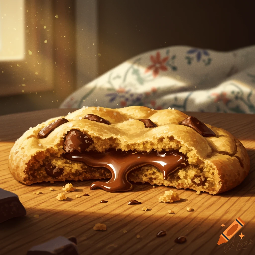 A warm, half-eaten chocolate chip cookie oozes melted chocolate onto a wooden table, with chocolate chunks and crumbs nearby.