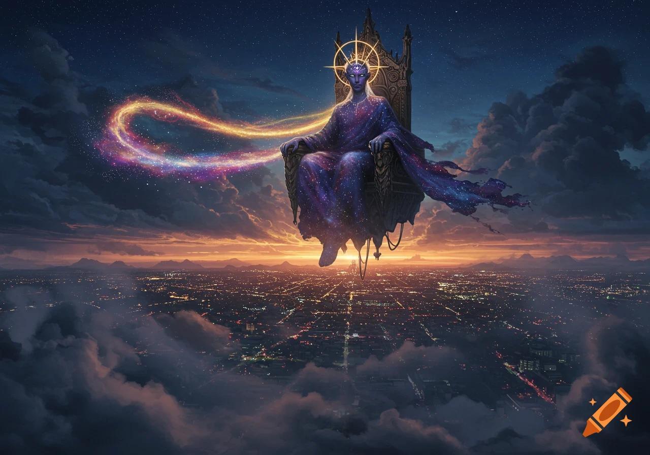 A majestic cosmic being on a floating throne above a sprawling city at twilight, with a starry body and a vibrant nebula trail.