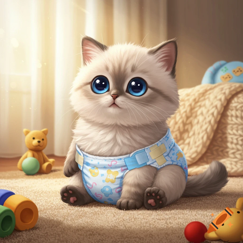 A cute, fluffy kitten with big blue eyes sits on a rug wearing a baby diaper, surrounded by toys.