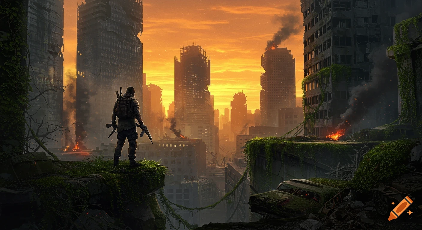 A lone soldier stands on a cliff overlooking a devastated, burning post-apocalyptic city bathed in an orange sky.
