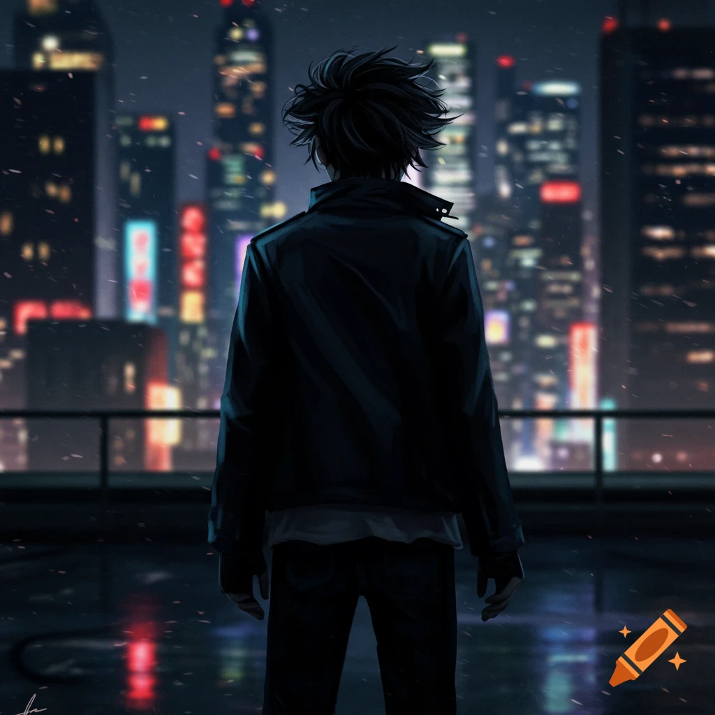 An anime character with spiky dark hair stands on a rainy rooftop, looking at a neon-lit city at night.