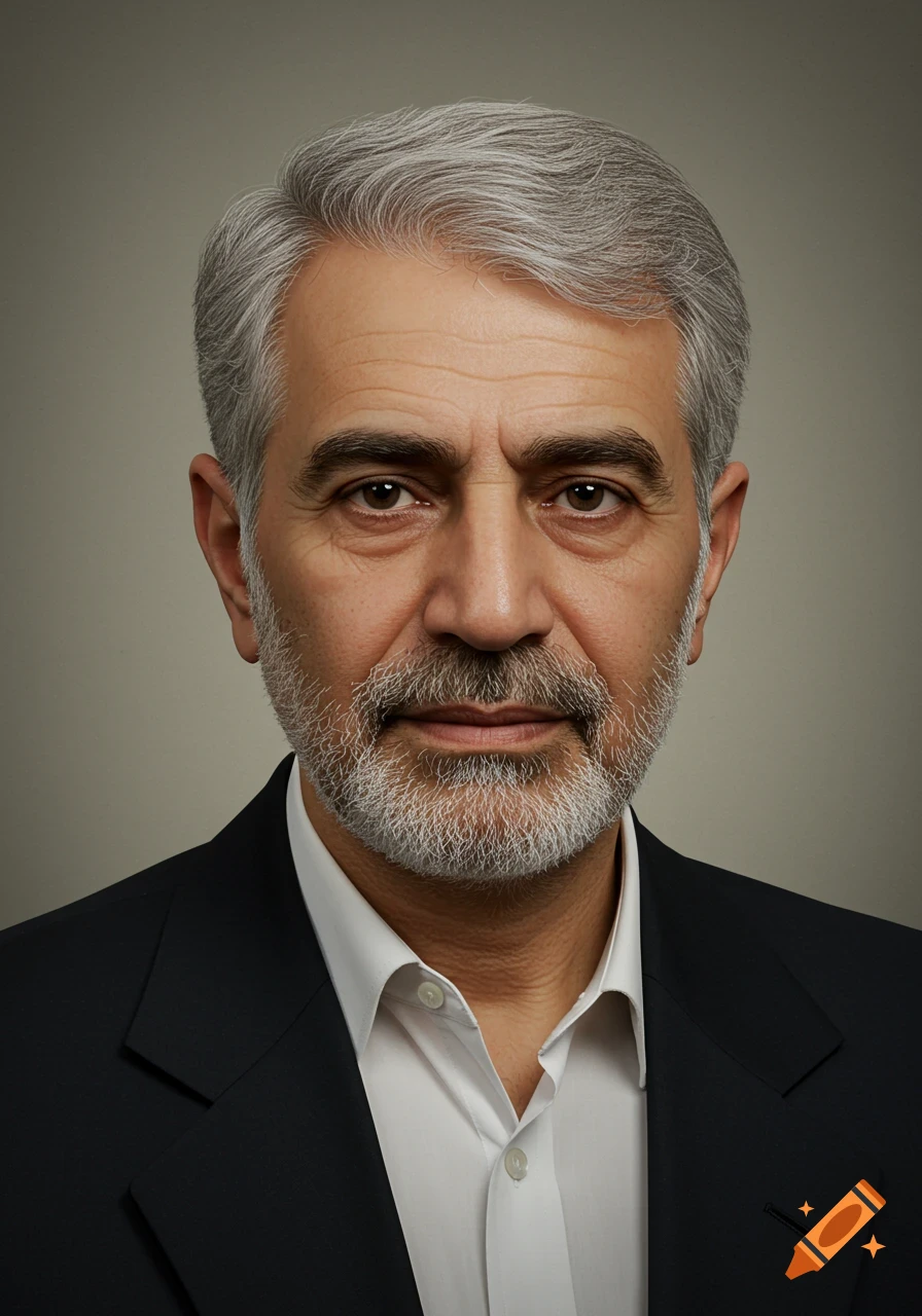 A photorealistic portrait of an older man with gray hair and beard, wearing a dark suit and white shirt.