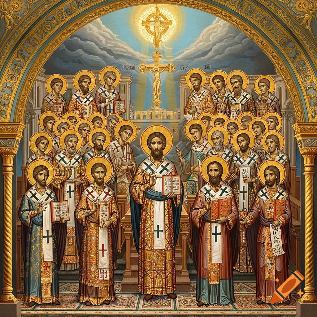 Detailed Byzantine icon painting of numerous robed saints with halos under a golden arch, with Jesus on a crucifix above.