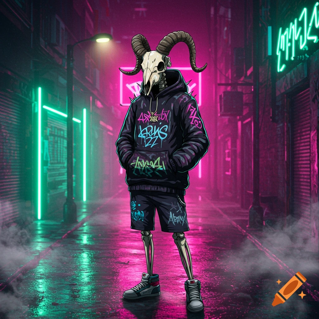 Anime-style skeleton character with a ram skull head, wearing a hoodie and shorts, standing on a wet street lit by neon cyberpunk lights.