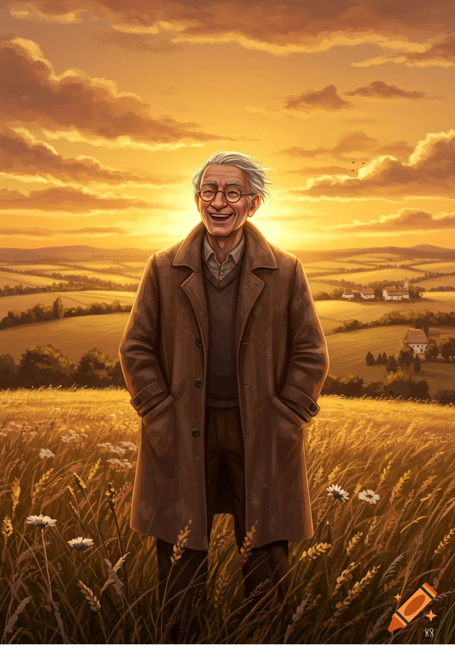 An elderly man with gray hair and glasses, wearing a brown coat, stands smiling in a golden wheat field at sunset.