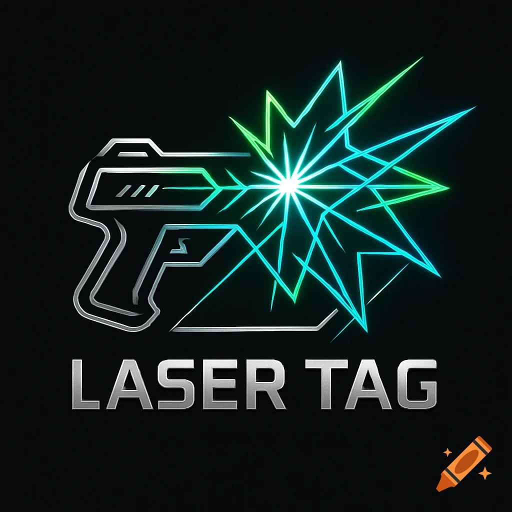 Neon green and blue laser tag logo with a stylized laser gun shooting a starburst, above the words 'LASER TAG' in metallic silver.