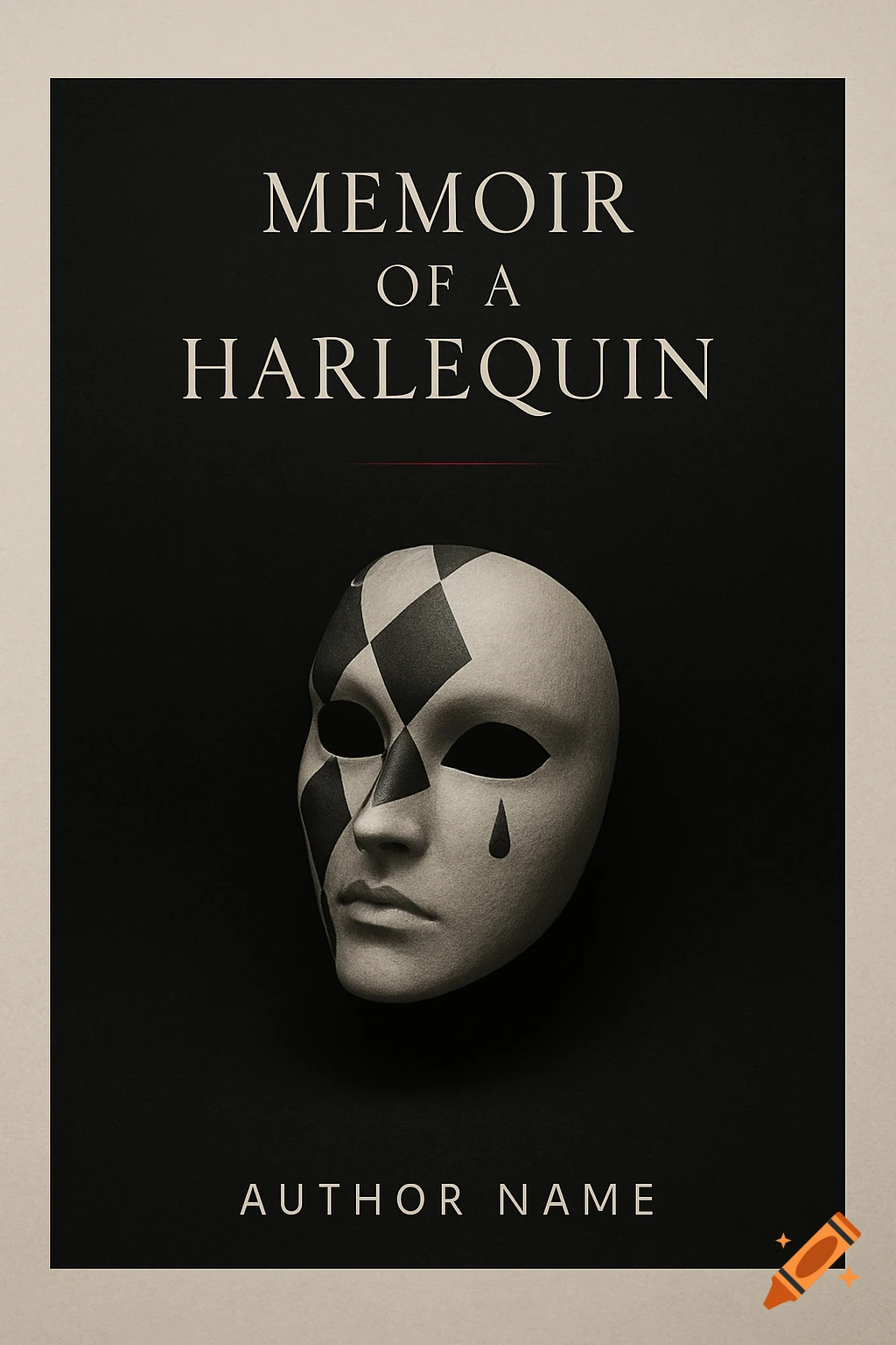 Minimalist book cover: white harlequin mask with black diamonds and a teardrop on a dark background, titled 'MEMOIR OF A HARLEQUIN'.