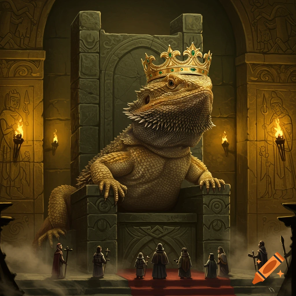 A large bearded dragon with a gold crown sits on an ornate stone throne in a dark, ancient hall with small robed figures bowing.
