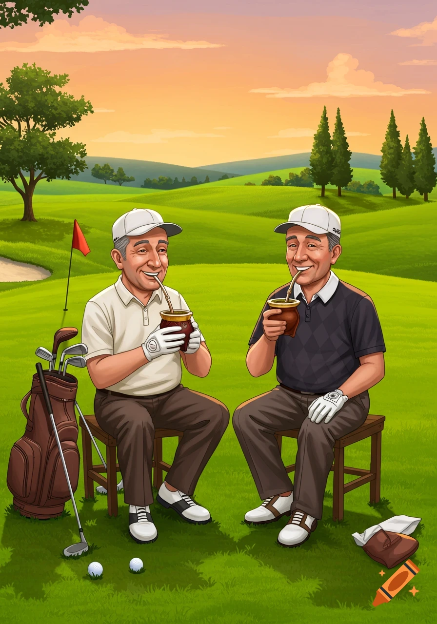 Illustrated image of two middle-aged men in golf attire sitting on a golf course, happily drinking mate.