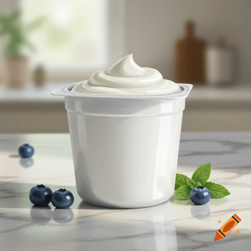 A white cup of yogurt with a swirl on top, fresh blueberries, and mint leaves on a marble surface.