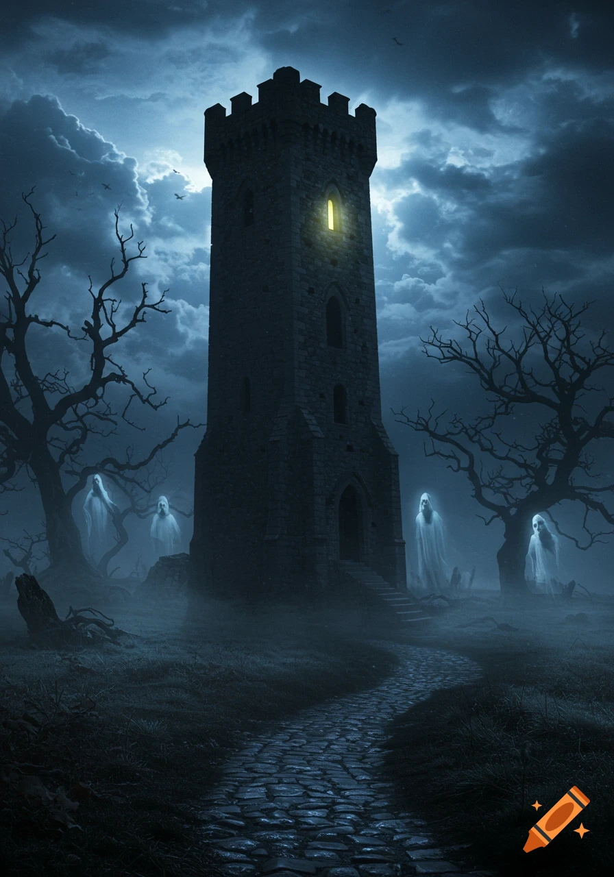 A spooky, tall stone tower with a glowing window on a foggy night. A cobblestone path leads to the tower, surrounded by bare trees and several ethereal white ghosts.
