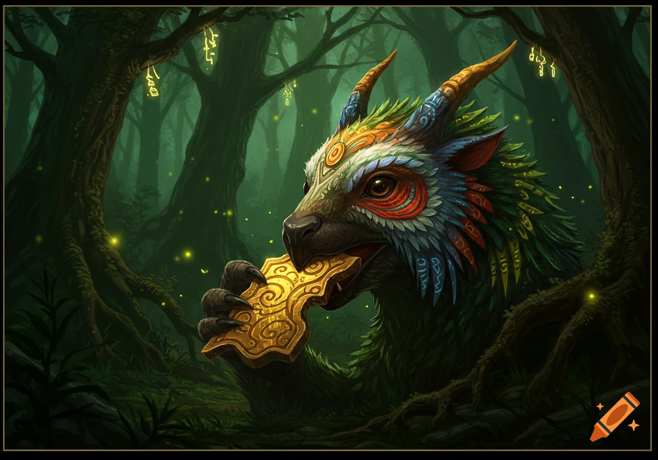 A colorful fantasy creature with horns and ornate patterns holds a golden, carved key-like object in a dark, glowing forest.