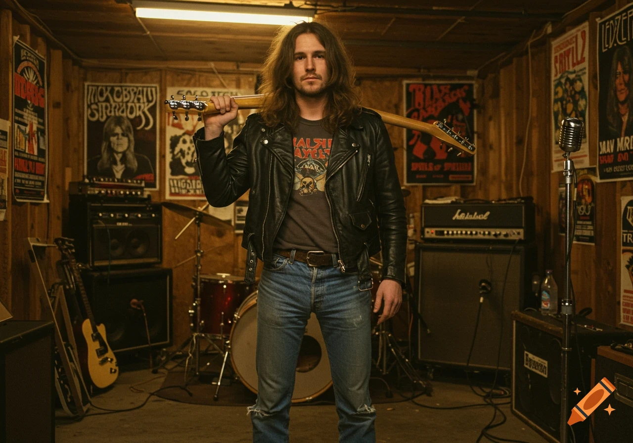 A long-haired man in a leather jacket holds a guitar over his shoulder in a 70s-style band practice room decorated with posters.
