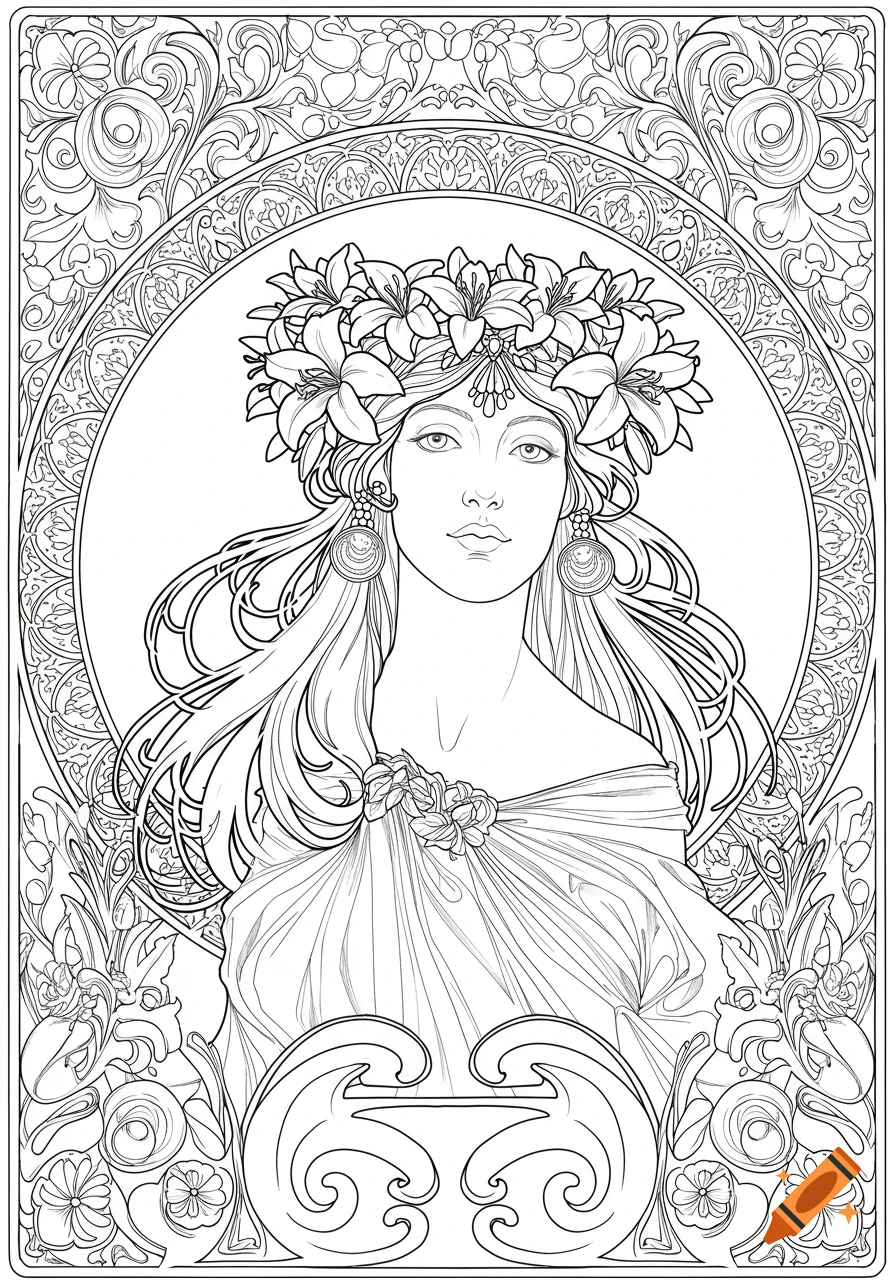 Art Nouveau line art of a flower goddess with a lily headdress, elegant drapery, and ornate floral border.
