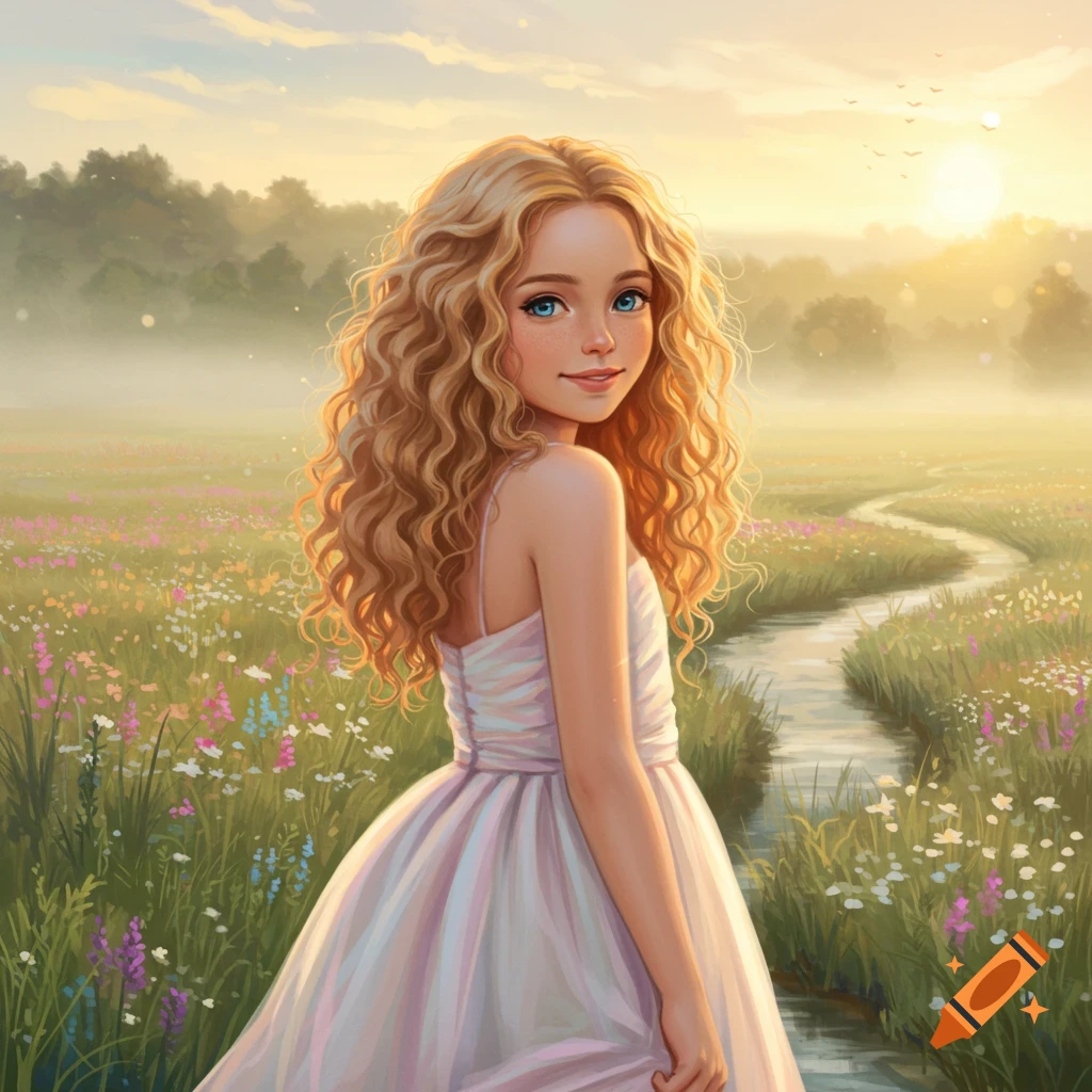 Blonde girl in a white dress smiles over her shoulder in a vibrant wildflower field with a stream at sunset. Digital painting.