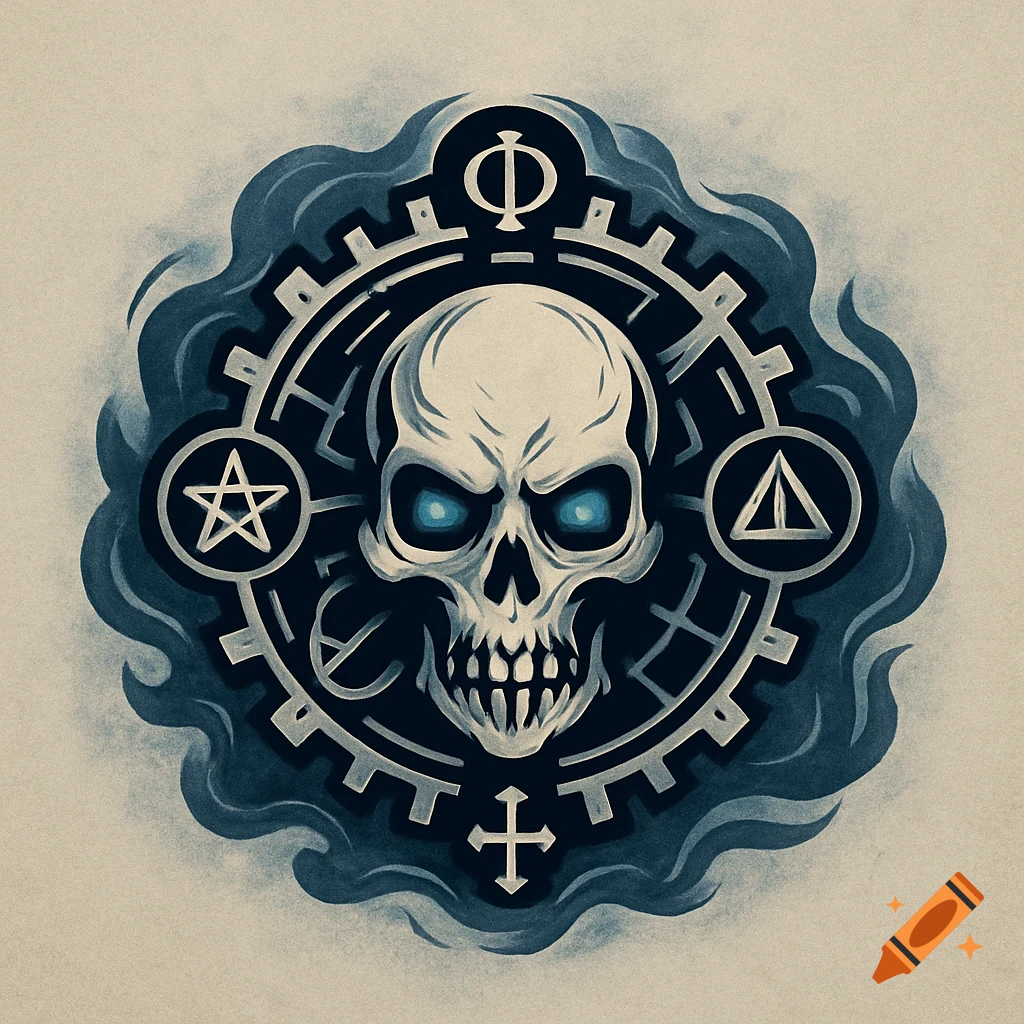 A stylized skull with glowing blue eyes in a dark, gear-like emblem surrounded by smoky effects and various symbols, designed as a logo.