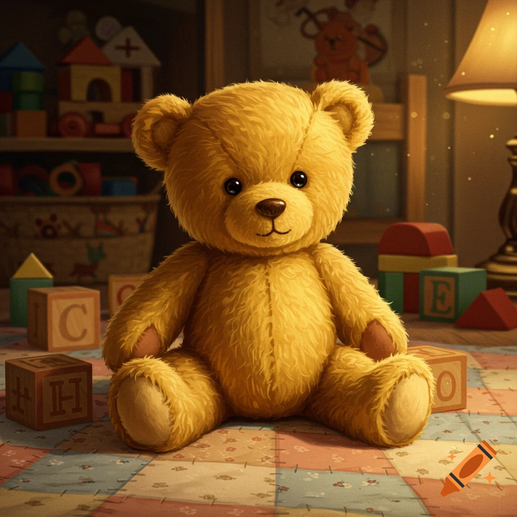 A fluffy golden-brown teddy bear sits on a patchwork quilt in a dimly lit child's room filled with wooden toys and blocks.