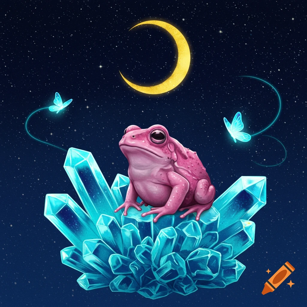 A pink toad on glowing cyan crystals under a starry night sky with a golden moon and luminous blue butterflies, illustration.