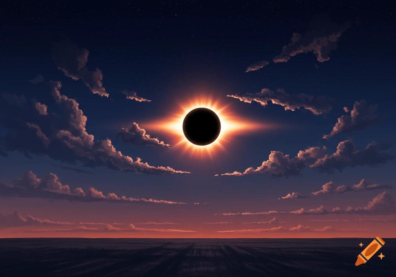 A stylized solar eclipse with a glowing corona over a dark horizon, beneath a star-filled, cloudy sky at dusk.