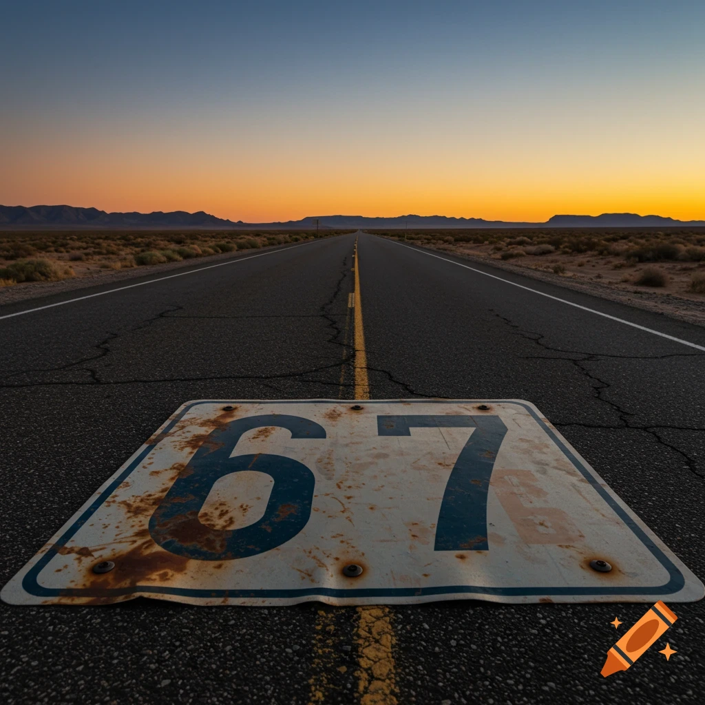 A rusty road sign displaying '67' lies on an empty desert highway at sunset, with mountains in the distance.