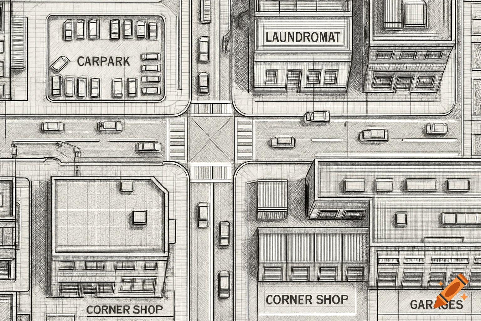 Detailed black and white top-down blueprint of a city with streets, buildings, a carpark, laundromat, corner shops, and garages.